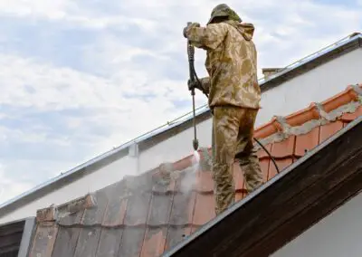 Nettoyage des tuiles d'une toiture incrustées par les mousses et la pollution atmosphérique